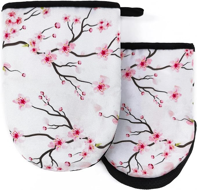Pink Cherry Blossoms Oven Mitts, High Heat Resistant Kitchen Oven Gloves, Mini Silicone Oven Mitts, Non-Slip Grip Surfaces and Hanging Loop for Grilling, Baking, Cooking and Microwave, Gift