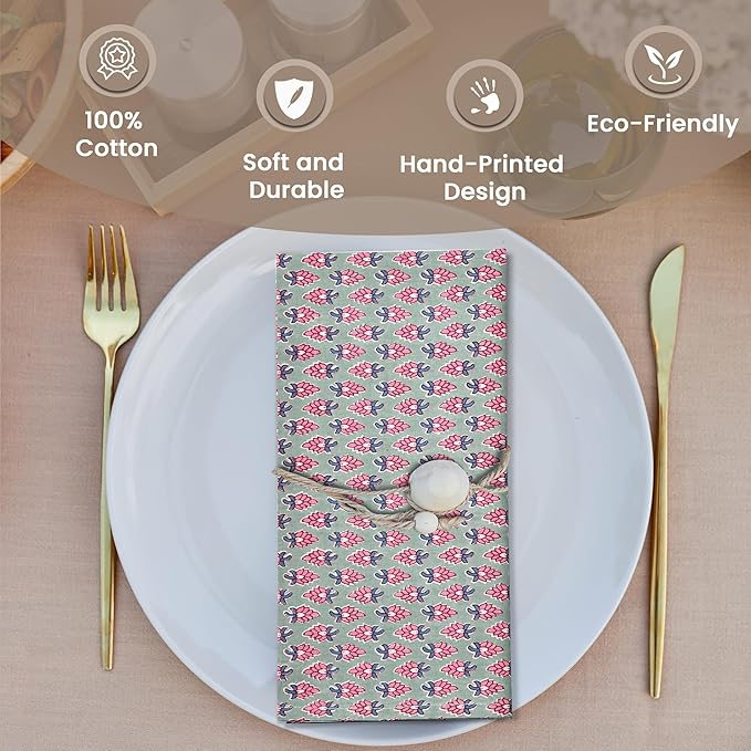 CPC Grey Teal Indian Block Print Cotton Cloth Napkins Set of 4, 18x18 Reusable Everyday Napkins, Soft, Absorbent, Floral Dinner Napkin, Holiday, Party Gift, Spring,Mother's Day
