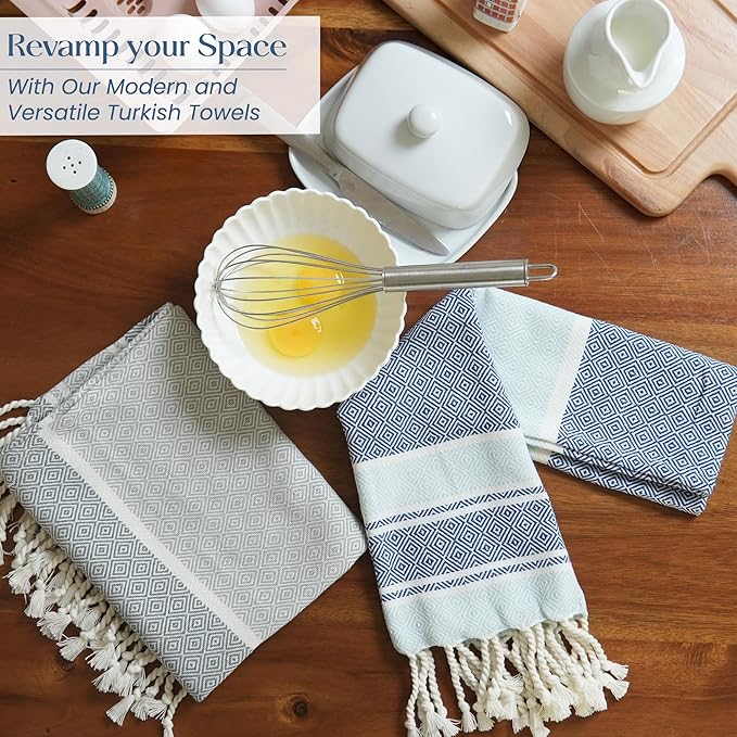 The Fine Living Co. Turkish Towels - Set of 2 | 100% Cotton - Bath & Kitchen Decorative Towels | 40'x18' (Blue & Gray)