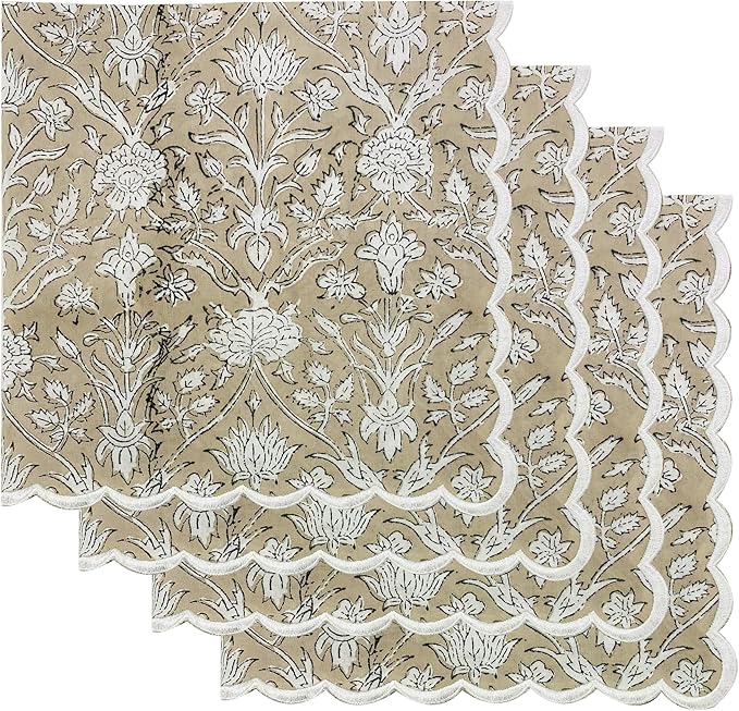 Ridhi Hand Block Print Taupe 18" x 18" (Set of 4) Embroidery Table Napkins Reusable Cotton Dinner Napkins for Weddings, Parties, Everyday Dining Gift for Spring, Easter, Valentine