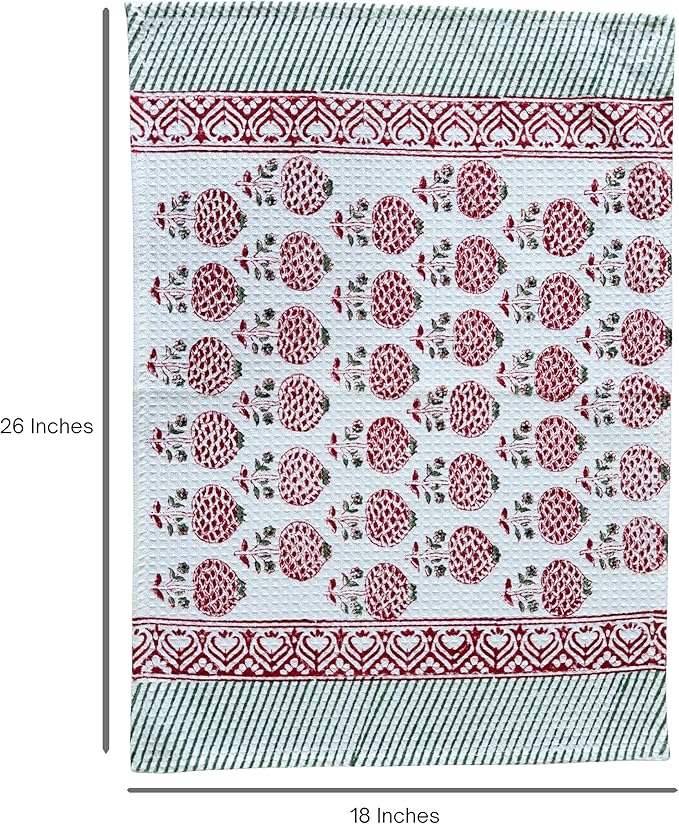 ATOSII 100% Cotton Hand Block Print Waffle Kitchen Towel, Set of 3, 18 x 26 Inches Ultra Absorbent Quick Dry Dish Towels, Lightweight Reusable Sustainable Tea Towels for Cleaning and Drying, Roma Red