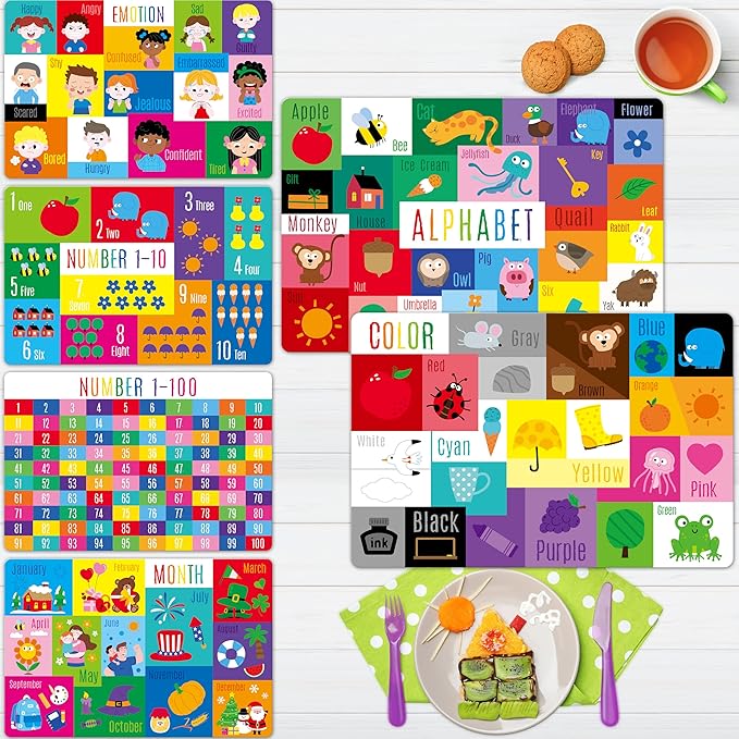 6 Pack Placemats for Kids, Non-Slip Washable, Reusable Alphabet, Number, Month, Color & Emotion Educational Placemats for Home, Kindergarten, Classroom, Nursery