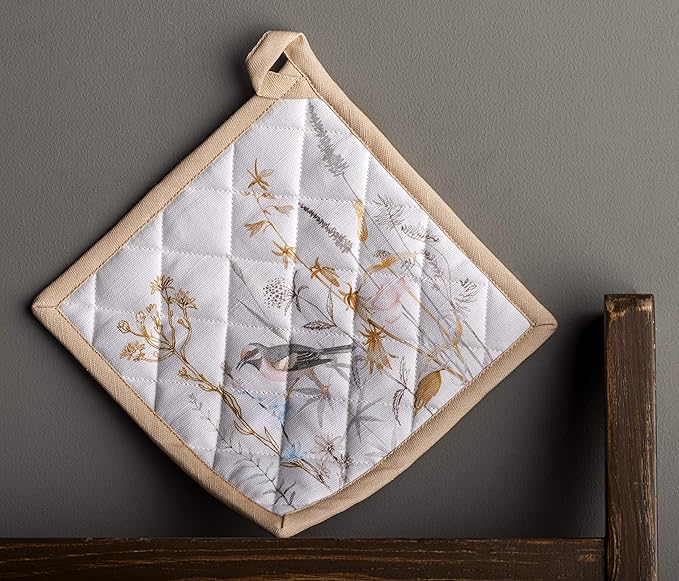Maison d' Hermine Pot Holders 100% Cotton Heat Resistant Potholders 8" x 8" Hot Pads with Loop BBQ Baking Gifts for Mothers Day Handling Hot Pans Spring/Summer (Pack of 1, Meadow Florals - Beige)