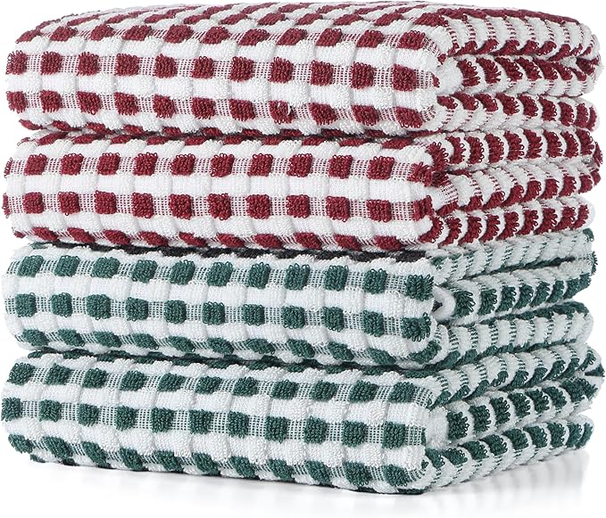 SALAS Cotton Dish Towels Cloths for Kitchen Drying Dishes, Lattice Terry Kitchen Towels, Absorbent Cloths with Hanging Loop, 16‘’ x 26‘’, 4 Packs, Wine Red and Green