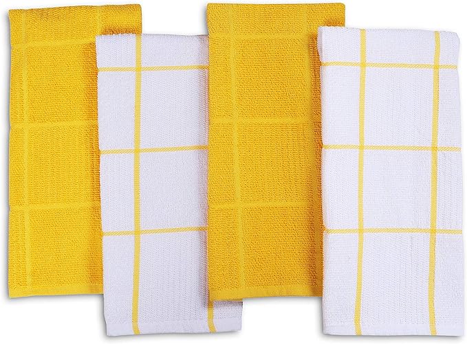 AMOUR INFINI Kitchen Towels Pack of 4, Terry Cotton Dish Towels, Ultra Absorbent, Quick Drying Hand & Tea Towels, Soft Durable Cleaning Cloths with Hanging Loop, 16 x 26 Inch (Yellow)
