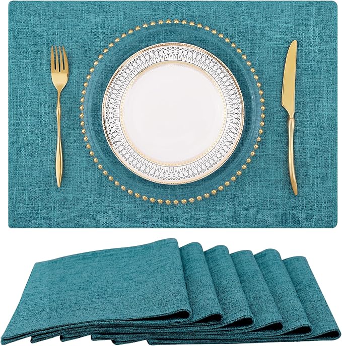 homing Cotton Linen Placemats Set of 6, Cloth Washable Farmhouse Dining Table Mats for Indoors & Outdoors, Easy to Clean, Teal, 13 x 19 Inch