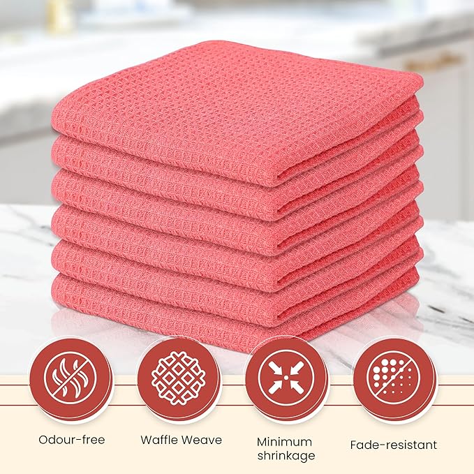Vintage Vista 100% Cotton Waffle Dish Cloths (Pack of 6) - Dish Rags for Washing Dishes - Reusable & Highly Absorbent Kitchen Towels - Kitchen Rags fo Easter - (12" x 12" - Pink)