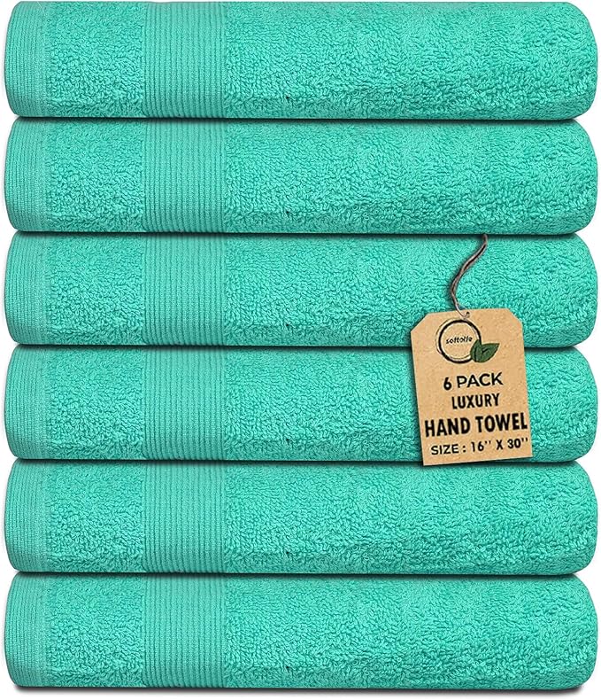 Premium Hand Towels Pack of 6 (16" x 30”) 100% Combed Ring Spun Cotton | Highly Absorbent Hand Towels Set | Ultra Soft for Home, Gym & Spa (Turquoise)
