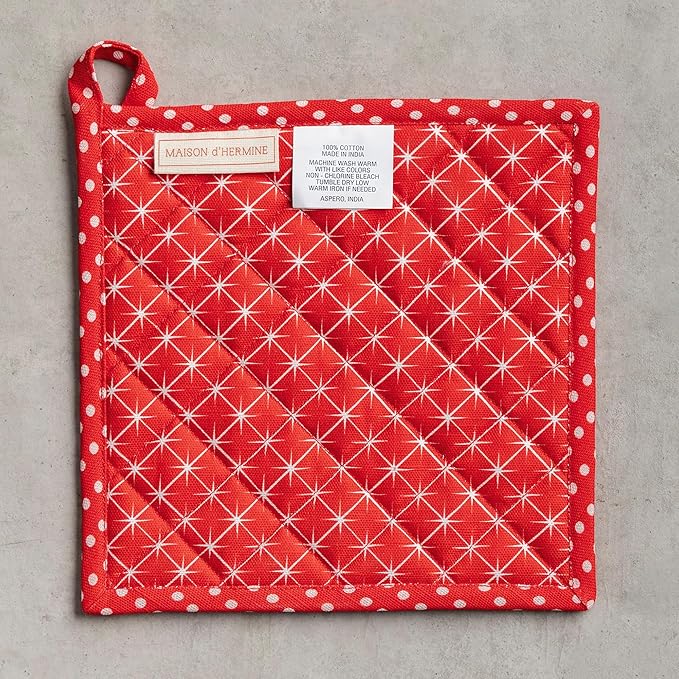 Maison d' Hermine Pot Holders 100% Cotton Heat Resistant Potholders 8" x 8" Hot Pads with Loop for Thanksgiving Christmas Decorations BBQ Cooking Handling Hot Pans (Pack of 1, Poinsettia Christmas)