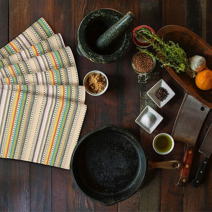 Urban Villa Kitchen Towels 100% Cotton Dish Towels for Kitchen(Set of 6)20”x30” Dish Cloths Highly Absorbent Kitchen Linen Set with Hanging Loop Perfect for Drying Dishes Cleaning Towels-Beige Stripes