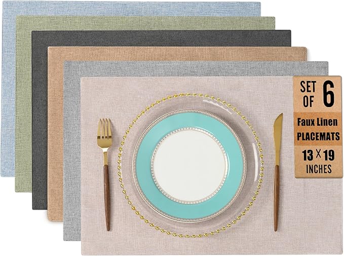 UnivoColors Set of 6 Faux Linen Placemats, Heat-Resistant & Easy-to-Clean,13"x19"for Dining Table, Kitchen, Holiday Meals (6 Colors Included)
