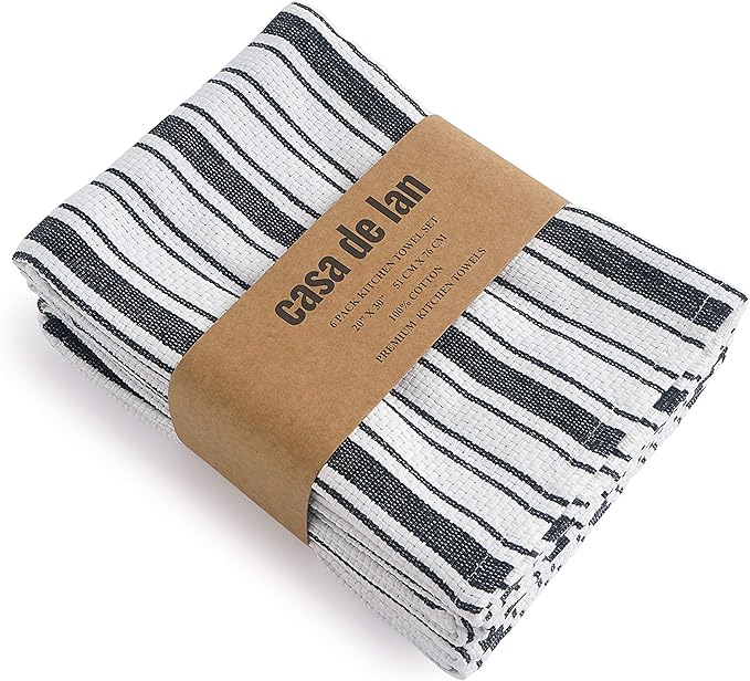 Kitchen Towels Set – Pack of 6 (20’’ x 30’’) Extra Large Premium Cotton Dish Towels for Kitchen – Basket Weave Towels – Absorbent – 100% Cotton – with Hanging Loop – Black