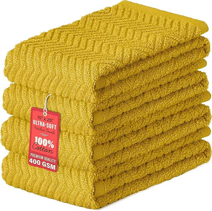 DecorRack 100% Cotton Kitchen Towels, 15" x 25" Absorbent Dish Towels [Premium Quality 400 GSM] Yellow (Pack of 4)