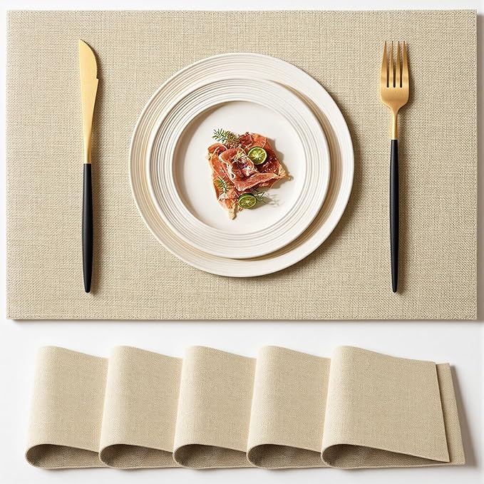 Placemats Set of 6 Linen Type Fabric Cloth Placemats, 18x12 Inch Double Layered Thick Wrinkle Free Heat Resistant Table Place, for Dining, Kitchen, Party (45 * 30cm, Beige)