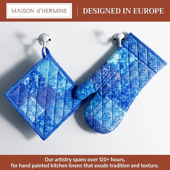 Maison d' Hermine 100% Cotton Oven Mitt & Pot Holder Set (7.5"x13" & 8"x8") Heat Resistant BBQ Cooking Gloves with Loop Baking Grilling Kitchen Gifts for Mothers Day Spring/Summer (Indigo Love)