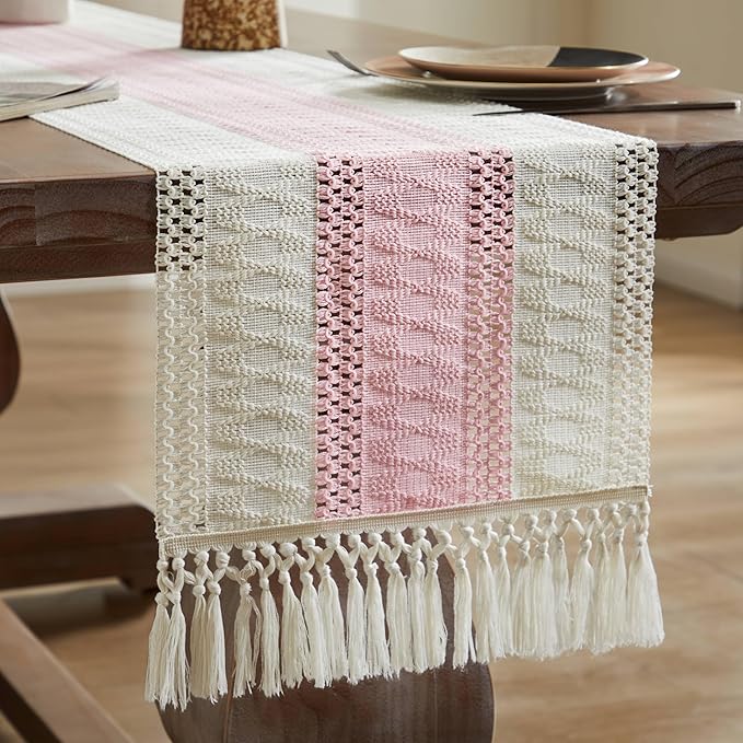 ZeeMart Macrame Style Bicolor Stitching Table Runner, 14 x 90 Inch Light Pink/Ivory, Boho Pink Table Runners 90 Inches Long, Farmhouse Woven Home Decor