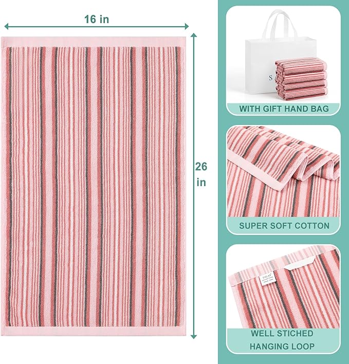 SALAS Kitchen Dish Towels for Drying Dishes, Large Cotton Kitchen Towels, Stripped Terry Dish Cloths, Thick Highly Absorbent Towel Sets with Hanging Loop, 16" X 26", 6 Packs Pink