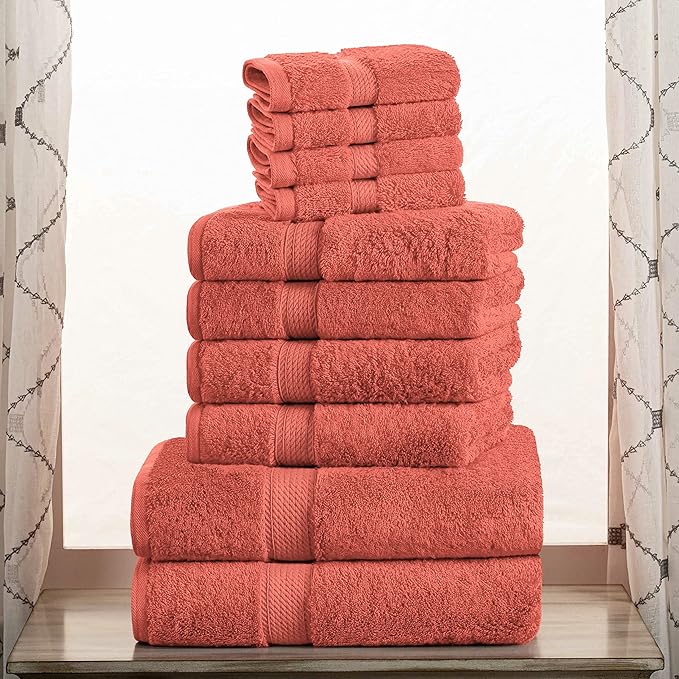 SUPERIOR Egyptian Cotton Pile 10 Piece Towel Set, Includes 2 Bath, 4 Hand, 4 Face Towels/Washcloths, Ultra Soft Luxury Towels, Thick Plush Essentials, Guest Bath, Spa, Hotel Bathroom, Coral