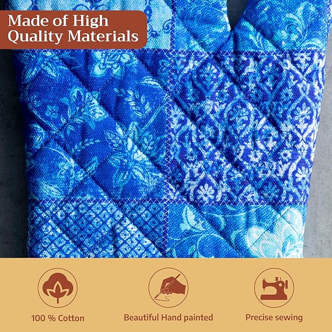 Maison d'Hermine Oven Gloves 100% Cotton Oven Mitt 7" x 13" with Loop Heat Resistant BBQ Cooking Gloves Baking Grilling Gifts for Mothers Day Spring/Summer (Pack of 1, Indigo Love)
