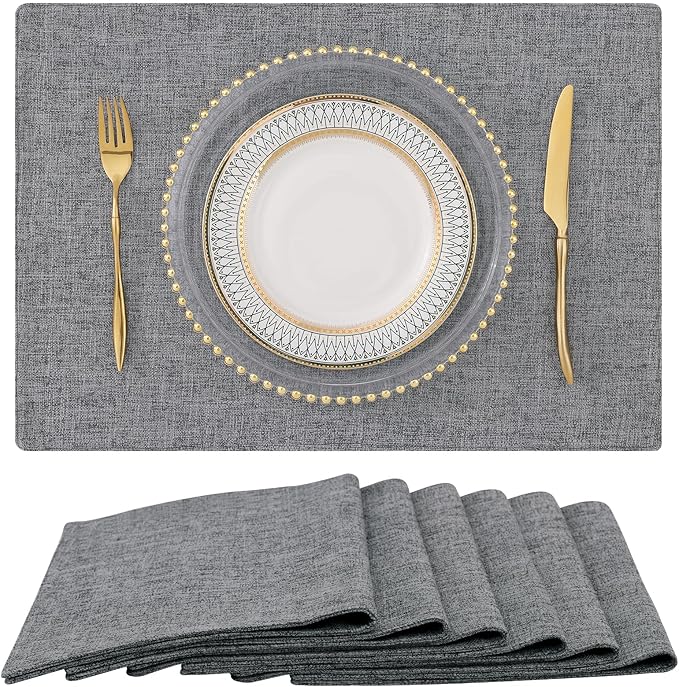 homing Cotton Linen Placemats Set of 6, Cloth Washable Farmhouse Dining Table Mats for Indoors & Outdoors, Easy to Clean, Dark Grey, 13 x 19 Inch