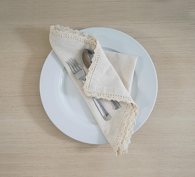 FINGERCRAFT Dinner Cloth Napkin Cotton Linen 12 Pack Vintage Rustic Premium Quality Mitered Corners Napkin Cloth with Elegant Lace for Everyday Use, Pre Shrunk and Good Absorbency 20x20 in Ivory