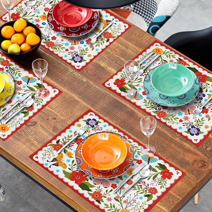 Linen Floral Red Placemat Set of 4 Cloth Rustic Seasonal for Kitchen Dining Table Decor