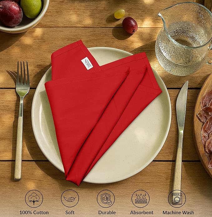 Ruvanti Cloth Napkins Set of 12, 100% Cotton High GSM 18x18 Inches Soft, Washable, Highly Durable & Absorbent, Perfect for Parties, Christmas, Thanksgiving Dinners – Flame Scarlet