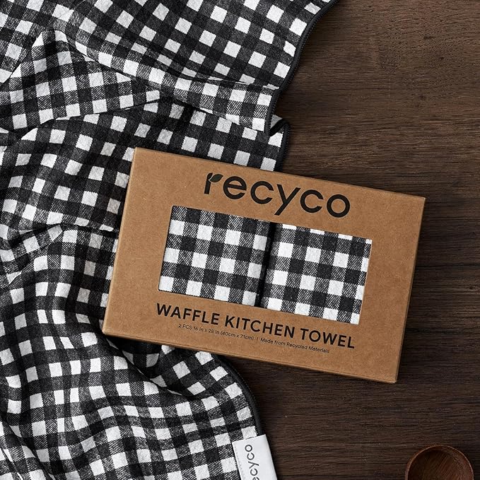 RECYCO Waffle Kitchen Towel Set of 2 - Quick Dry Microfiber Sustainable Dish Towels - Ultra Absorbent Reusable Cleaning Tea Towels - Lightweight Hand Towels,16”x 28”, Iron Black Plaid