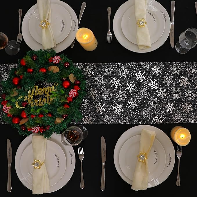 Snowkingdom Christmas Snowflake Silver Table Runner 11 Inch x 49 Feet Sparkly Silver Foil Glitter Metallic Mesh Runners Dining Table Decorations for Seasonal Winter Xmas Festival Holiday Home Party