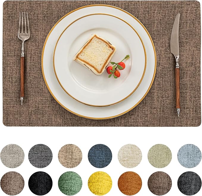 Romanstile Vinyl Placemats Set of 8-12 X 17 Inch - Faux Leather 100% Waterproof Oil-Proof Wipeable Place Mats, Heat Resistant Reversible PU Table Mats for Kitchen Dining Party Outdoor, Brown