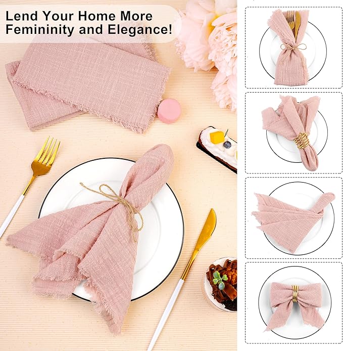 TURSTIN 24 Pieces Cotton Linen Cloth Napkin Handmade Cloth Napkin with Fringe 17 x 17 Inch Soft Cloth Dinner Wedding Napkin Square Rustic Fringe Table Napkin for Dinners, Parties, Weddings, Dusty Pink