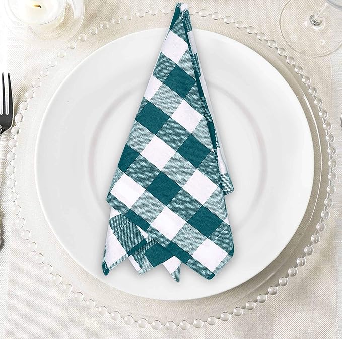 Napkin 100% Cotton Cloth Napkin Decorative Washable Gingham Buffalo Check Plaid Napkins Set of 12 for Home, Kitchen, Dining, Cocktail Parties & Camping - Teal White (18”X18”)