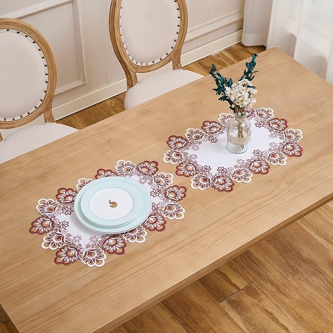 White Red Linen Placemats 14”x20” Set of 2, Neutral Lace Coffee Table Topper Dresser Scarf Place Mats (Set of 2, Red)