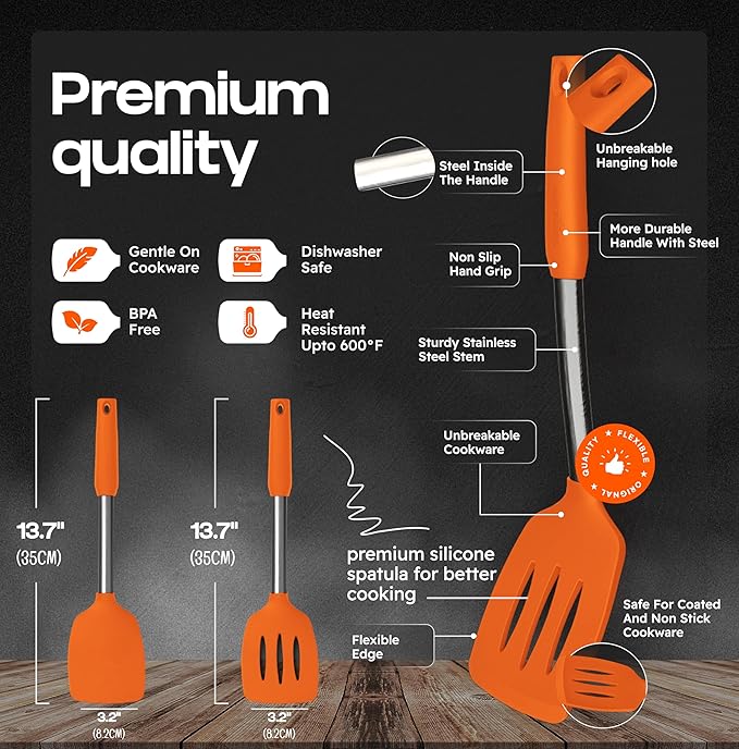 BakeRoyal Silicone Spatula Set - Turner Spatulas Silicone Heat Resistant 600°F - Slotted & Solid Silicone Spatulas for Cooking Fish, Eggs, Pancakes Flipper – Silicone Cooking Utensils Set – Orange