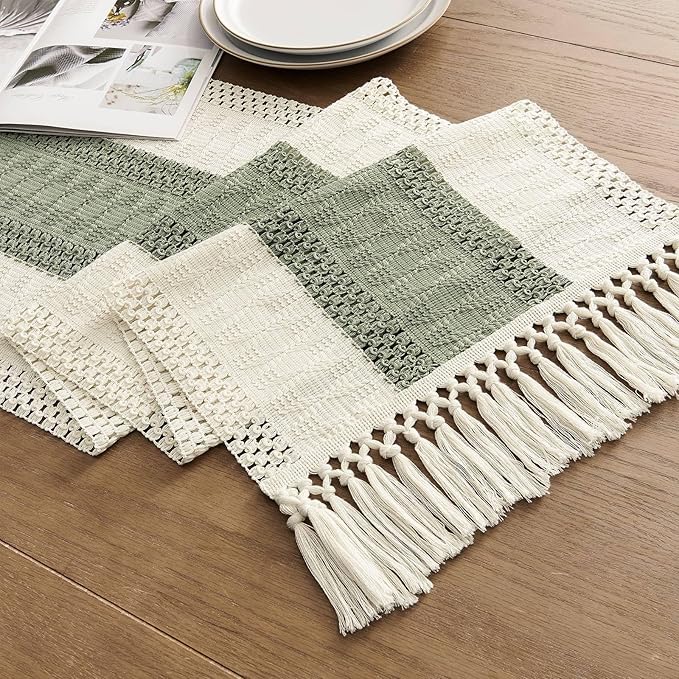 ZeeMart Macrame Style Bicolor Stitching Table Runner, 14 x 48 Inch Green/Ivory, Boho Sage Green Table Runners 48 Inches Long, Farmhouse Woven Home Decor