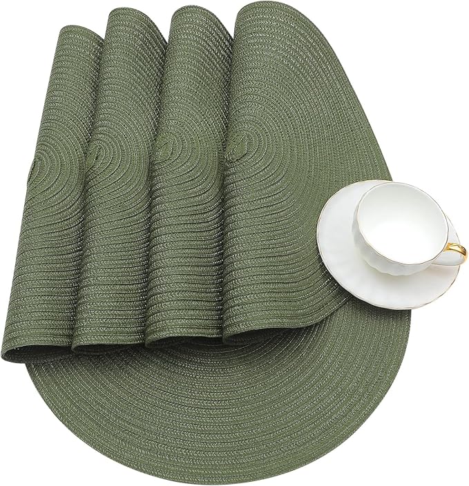 SHACOS Round Placemats Set of 4 Washable 15 inch Round Table Mats Cotton Polyester Woven Braided Place Mats for Dining Table Wedding Party Decor (Olive Green, 4)