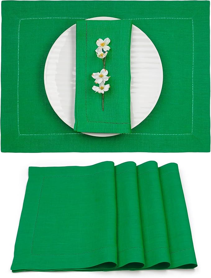 D'Moksha Homes Linen Placemats Set of 4 - Classic Hemstitch Kelly Green Placemats 14 x 19 Inch - 100% Pure Linen Table Mats for Mothers Day - Handcrafted and Machine Washable