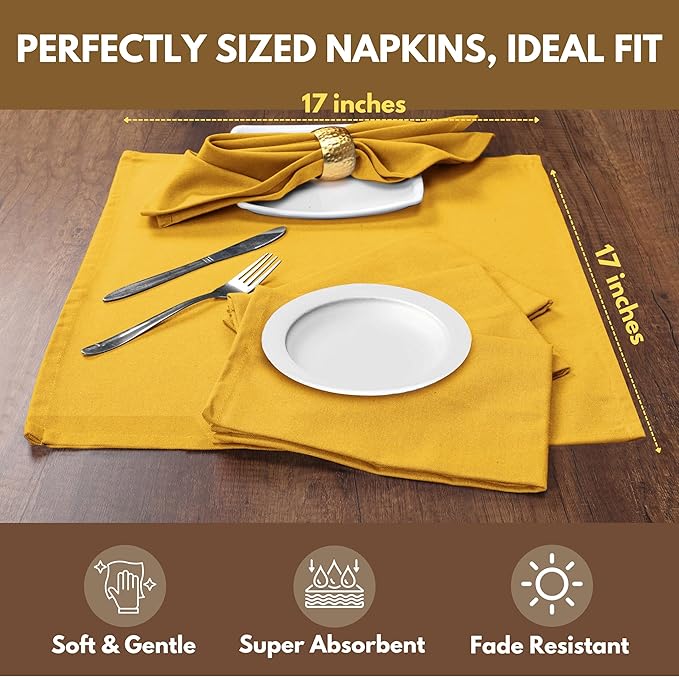 Native Fab Cloth Napkin Set of 12, 100% Cotton, Washable, Reusable Dinner Cloth Napkins 17x17 inches, Table Linen Decor for Dinner, Celebrations, Wedding, Events, Mustard Yellow