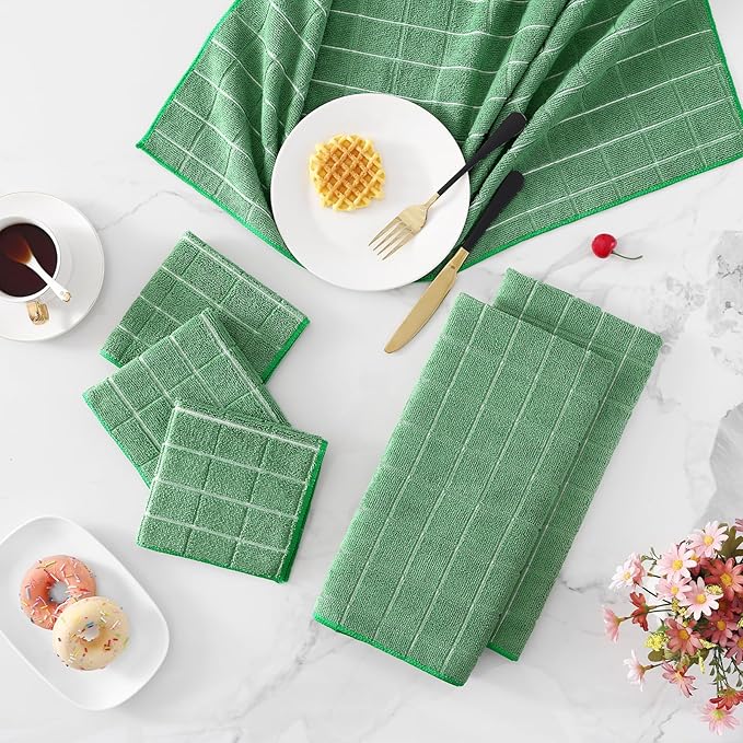 Homaxy Microfiber Kitchen Towels and Dishcloths Set, 20 Pack Soft and Absorbent Dish Hand Towels Bulk, 28 x 16 Inch & 12 x 12 Inch Quick Drying Rags for Washing Dishes, Grass Green