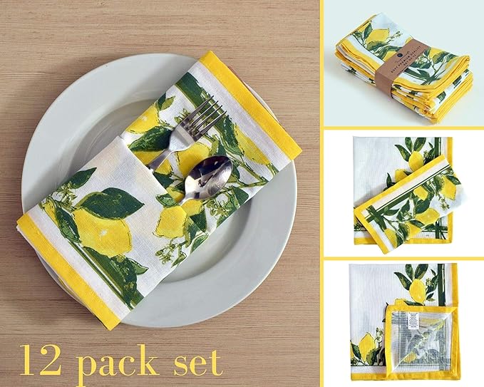 FINGERCRAFT Cloth Napkins, Set of 12 Cotton Linen Blend Printed Dinner Napkins Cloth Mitered Corner Perfect for Parties Dinners Weddings Cocktail Christmas Easter 20x20 Lemon Print