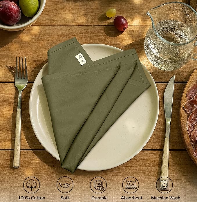 Ruvanti Cloth Napkins Set of 6, 100% Cotton High GSM 18x18 Inches Soft, Washable, Highly Durable & Absorbent, Perfect for Parties, Christmas, Thanksgiving Dinners – Capulet Olive