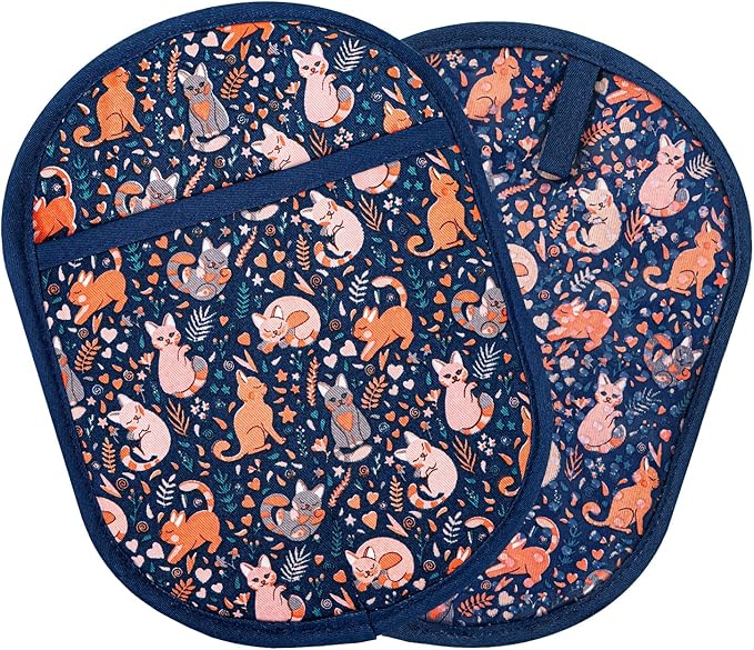 Pot Holders Set of 2 with Transparent Clear Silicone Shell and Nice Cat Flower Cotton Lining, Heat Resistant to 500 F Kitchen Oven Gloves Pot Holder for Cooking (Navy, Cat, Potholders)