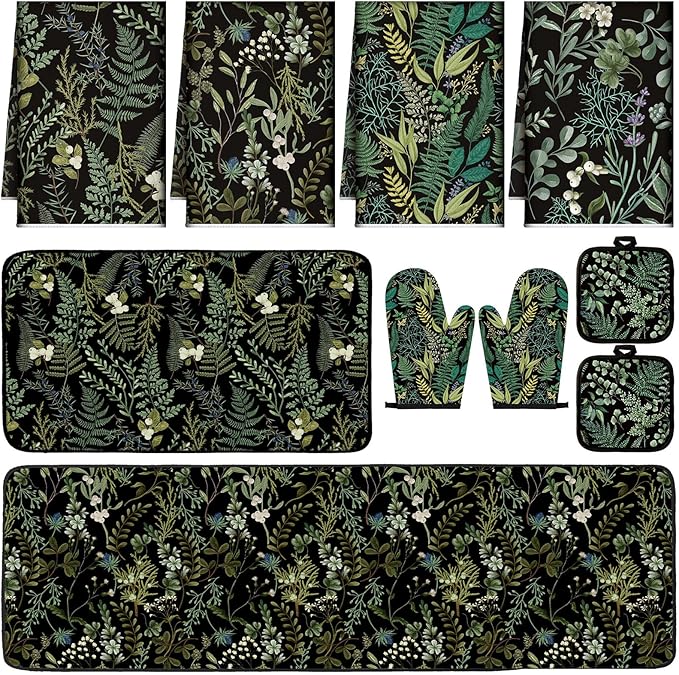 VitalCozy 10 Pcs Sage Black Kitchen Decor Set Black Kitchen Towels and Rugs Oven Mitts Pot Holders Absorbent Towels for Baking Cooking BBQ Gifts Home Decor