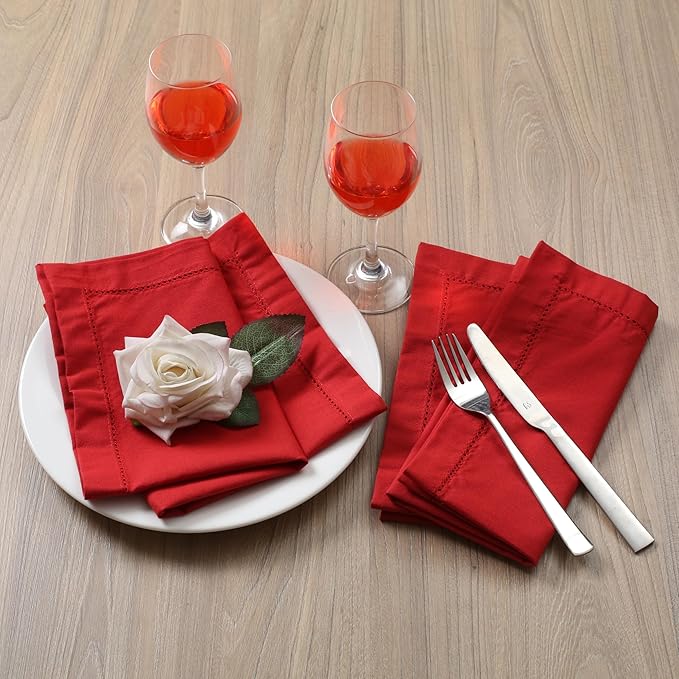 Lightnpro Christmas Red Cotton Napkins Set of 12, Beautiful Handmade Hemstitched Dinner Cloth Napkins, Washable and Reusable for Dining, Parties, Weddings, Holiday & Everyday Use - 18x18 Inch Red