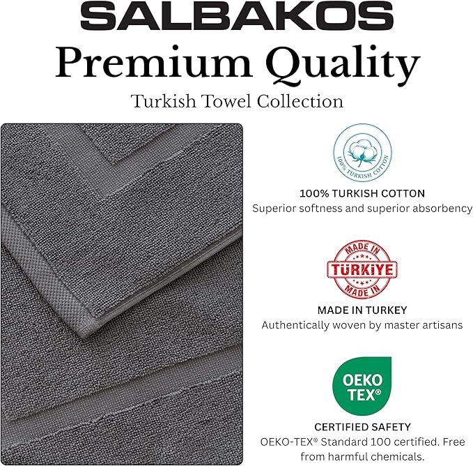 SALBAKOS 100% Turkish Cotton Bath Mat Towel Set of 2 Piece | 20x34 in Large Bath Mats | Luxury Hotel Quality, Thick, Absorbent, Quick Dry Bathmats for Bathroom & Toilet (Gray, 2 Bath Mats)