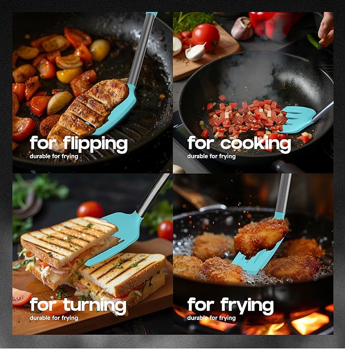 BakeRoyal Silicone Spatula Set - Turner Spatulas Silicone Heat Resistant 600°F - Slotted & Solid Spatula for Cooking Fish, Eggs, Pancakes Flipper – Spatulas for kitchen use – Aqua