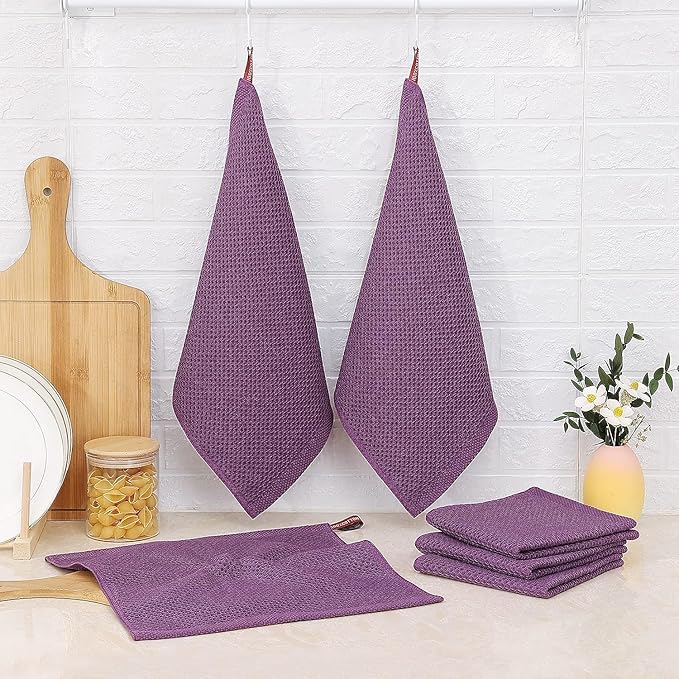 Kitinjoy 100% Cotton Kitchen Dish Cloths (12 X 12 Inches, Violet), 8 Pack Waffle Weave Ultra Soft Absorbent Dish Towels for Drying Dishes Quick Drying Kitchen Towels Dish Rags