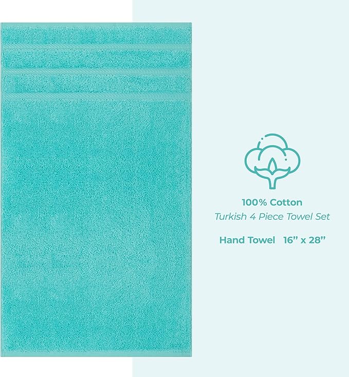 American Soft Linen Luxury Hand Towels for Bathroom, 600 GSM Heawy Weight 16x28 Size 100% Cotton Turkish 4 Piece Hand Face Towel Set, Turquoise Blue Hand Towels