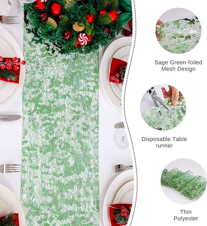 Snowkingdom Sage Green Table Runner, Sequin Glitter Foil Metallic Sage Green Mesh Spring Table Runner 11inch x 240inch,Table Decorations for Party Wedding Bridal Birthday Shower Christmas