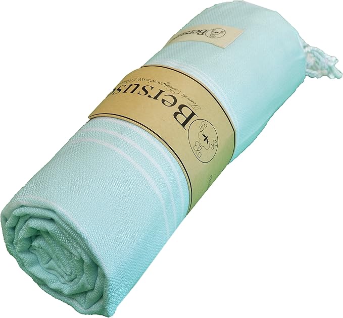 Bersuse Towels Anatolia XL Beach Blanket Throw Blanket Turkish Towel 100% Cotton Extra-Large Quick-Dry Lightweight Premium Peshtemal Towel - 61x82 Inches, Aqua Marine (Set of 6)